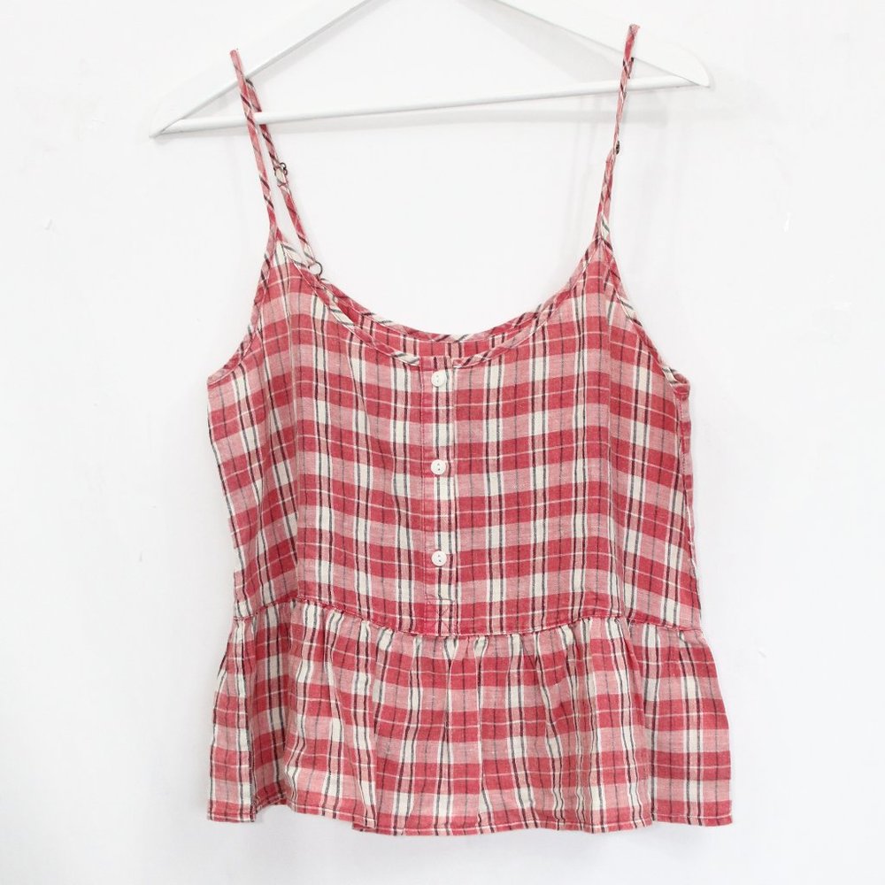 Women Linen Tank Top New Plaid Shirt Medium sz 2 Current Elliott Peplum cotton